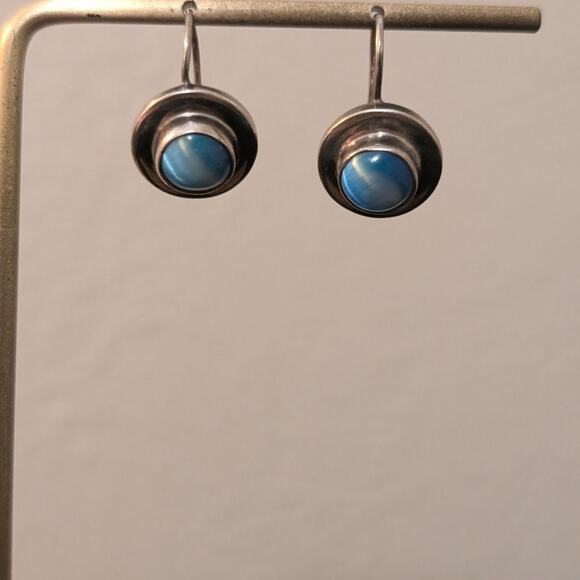 Vintage 925 Sterling Silver Mexico Cat's Eye Moonstone Wire Earrings - Picture 3 of 8